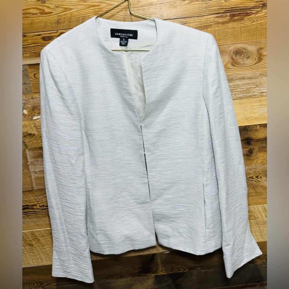 Jones New York textured blazer white gray lined buckle front linen look party 8